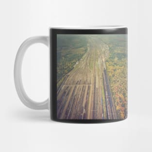 Autumn forest and railway depot aerial view Mug